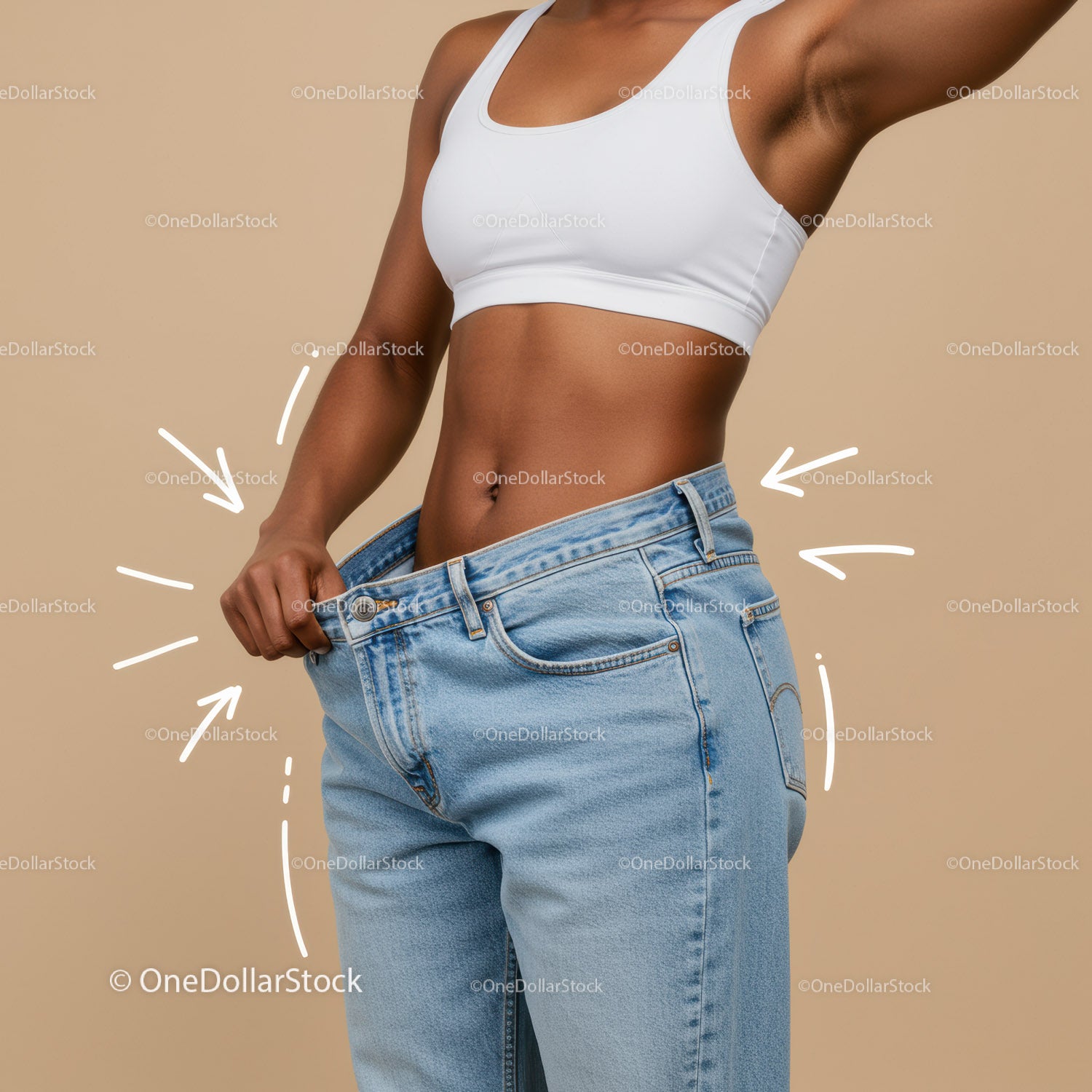 Woman Measuring Waist with Oversized Jeans in Casual Fitness Setting