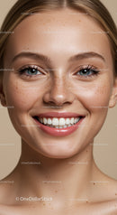 Close up portrait of smiling woman with freckles