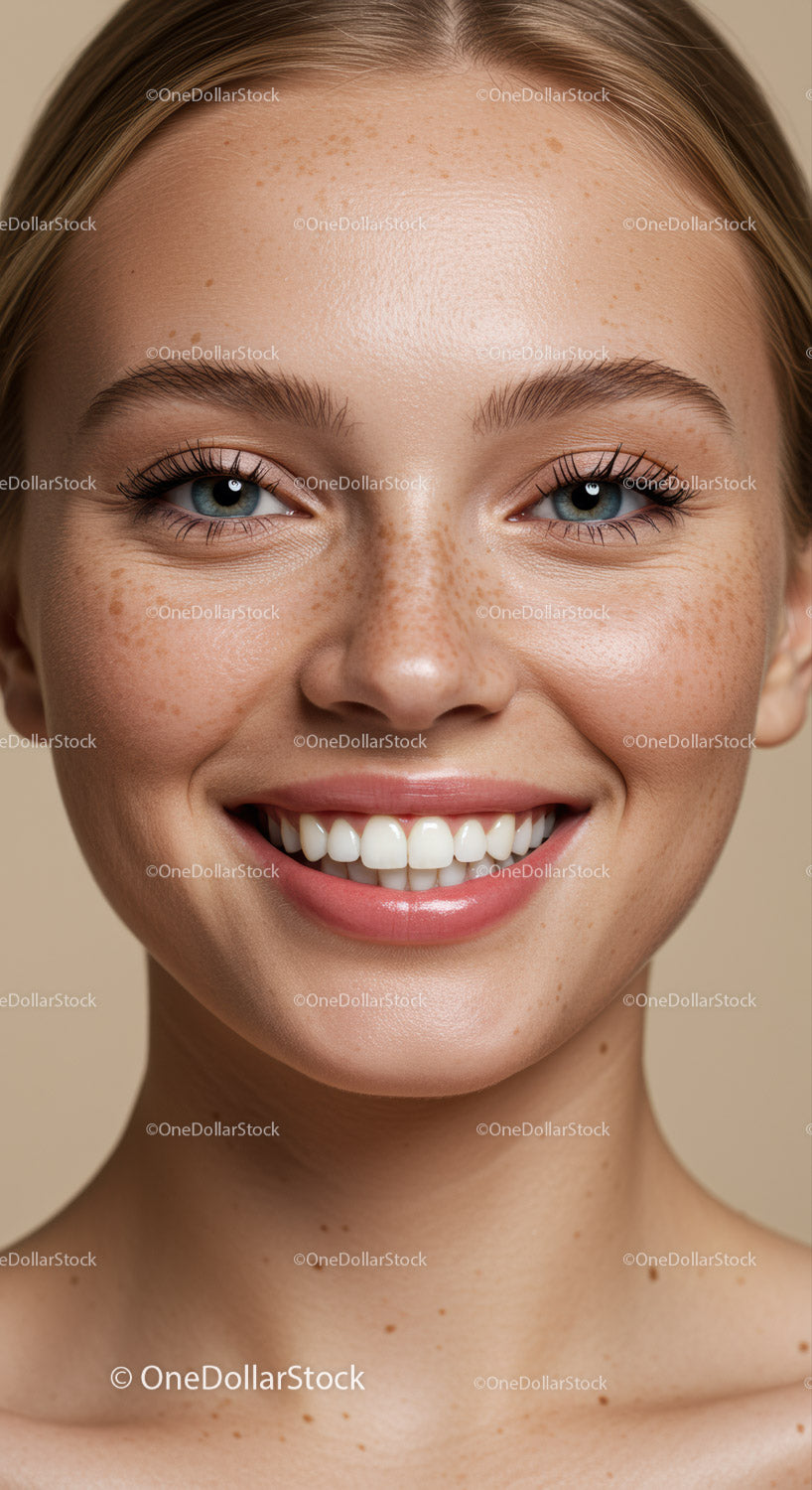 Portret uśmiechniętej kobiety z piegami