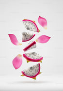 Floating Dragon Fruit Slices with Pink Petals on White