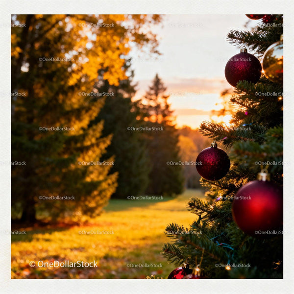 Christmas tree decorated with red baubles at golden sunset