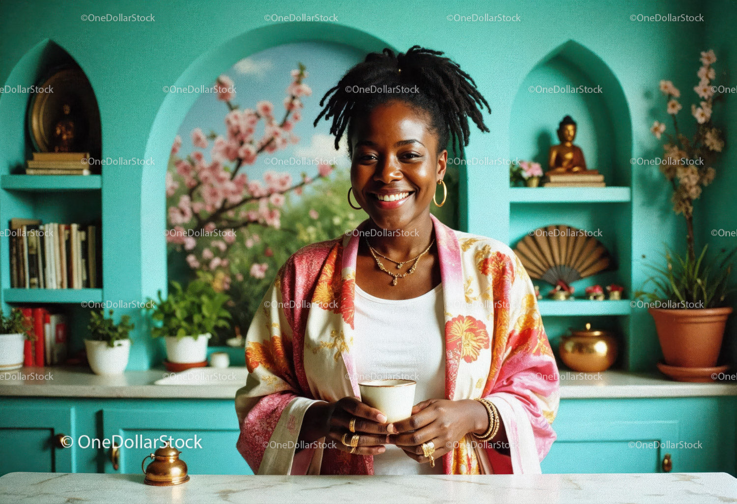 Bright and Cheerful Woman Smiling with Tea in Vibrant Home Interior