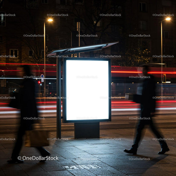 Illuminated Urban Bus Stop Sign at Night with Pedestrians JPG Mockup Image