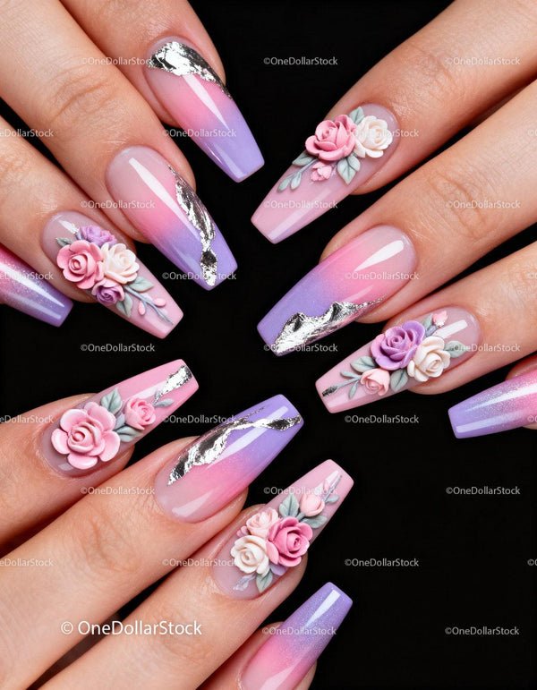 Elegant pastel nails with 3D floral and silver foil art