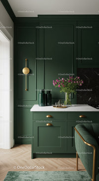 Elegant Green Kitchen Interior with Marble Countertop and Floral Decor