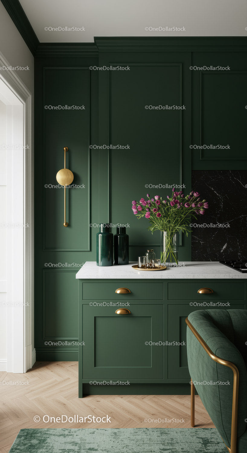 Elegant Green Kitchen Interior with Marble Countertop and Floral Decor