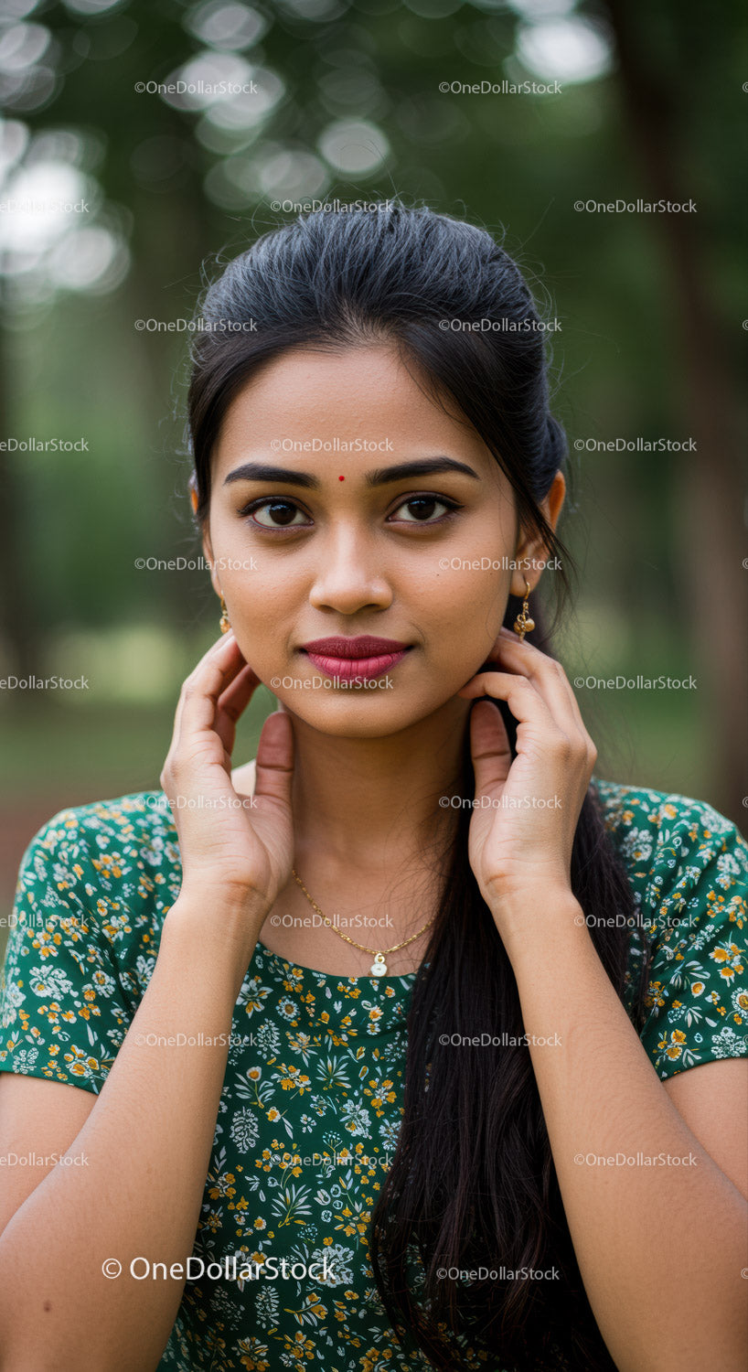 Portrait of a Young Woman in Floral Dress with Traditional Jewelry in Nature