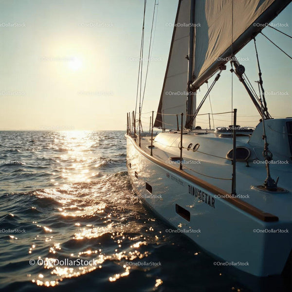 Sailing Yacht on Open Ocean at Sunset with Bright Sun