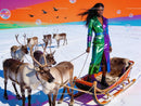 Woman in colorful coat riding a reindeer sled on snow