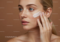 Young Woman Applying Moisturizer to Clear Skin with Flawless Complexion