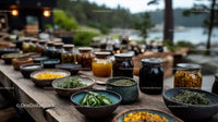 Colorful Herbal Spices and Dried Plants in Jars on Rustic Table
