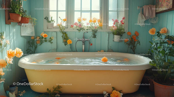 Vintage Bathtub With Floating Flowers In Cozy Bathroom