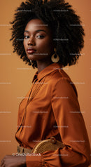 Elegant Black Woman with Natural Curly Hair in Satin Orange Blouse
