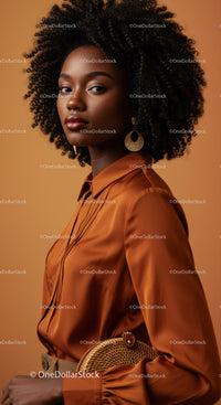 Elegant Black Woman with Natural Curly Hair in Satin Orange Blouse