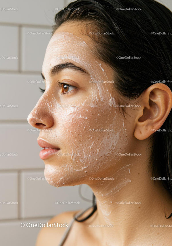 Young woman applying gentle facial exfoliator cream