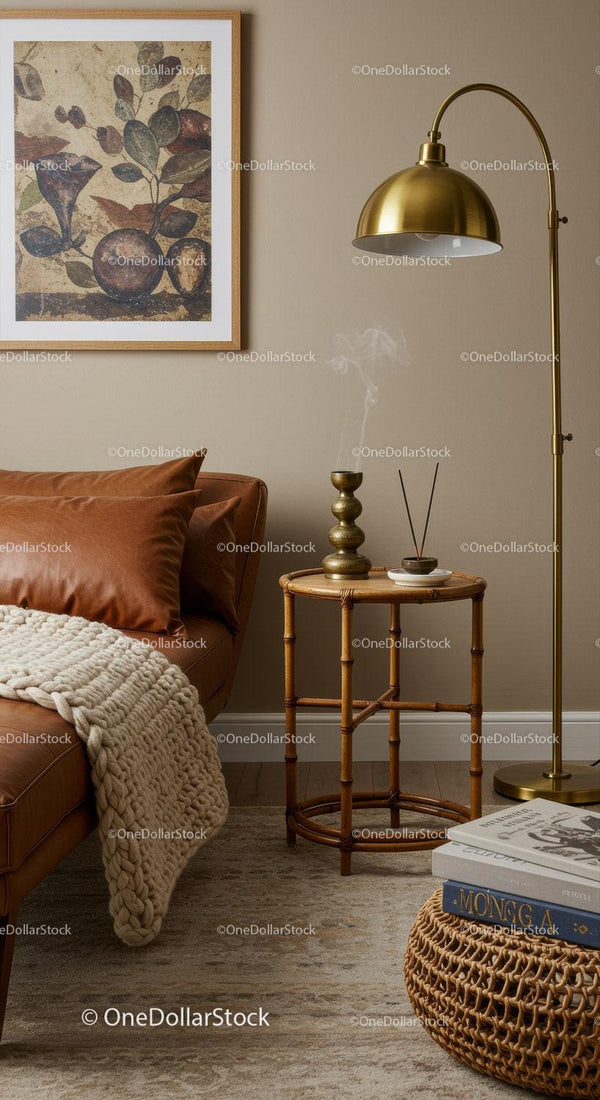 Cozy corner with leather sofa and warm ambient lighting