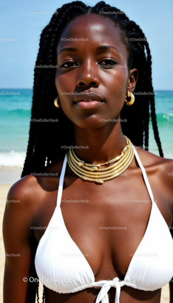 Elegant Black Woman with Gold Jewelry at Beach in Summer