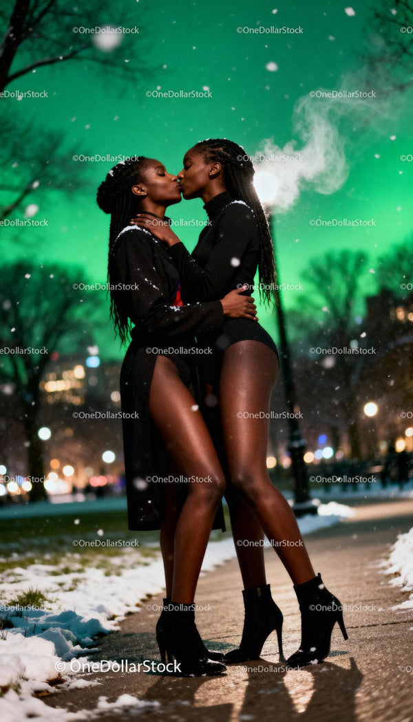 Couple sharing an intimate kiss on a snowy evening