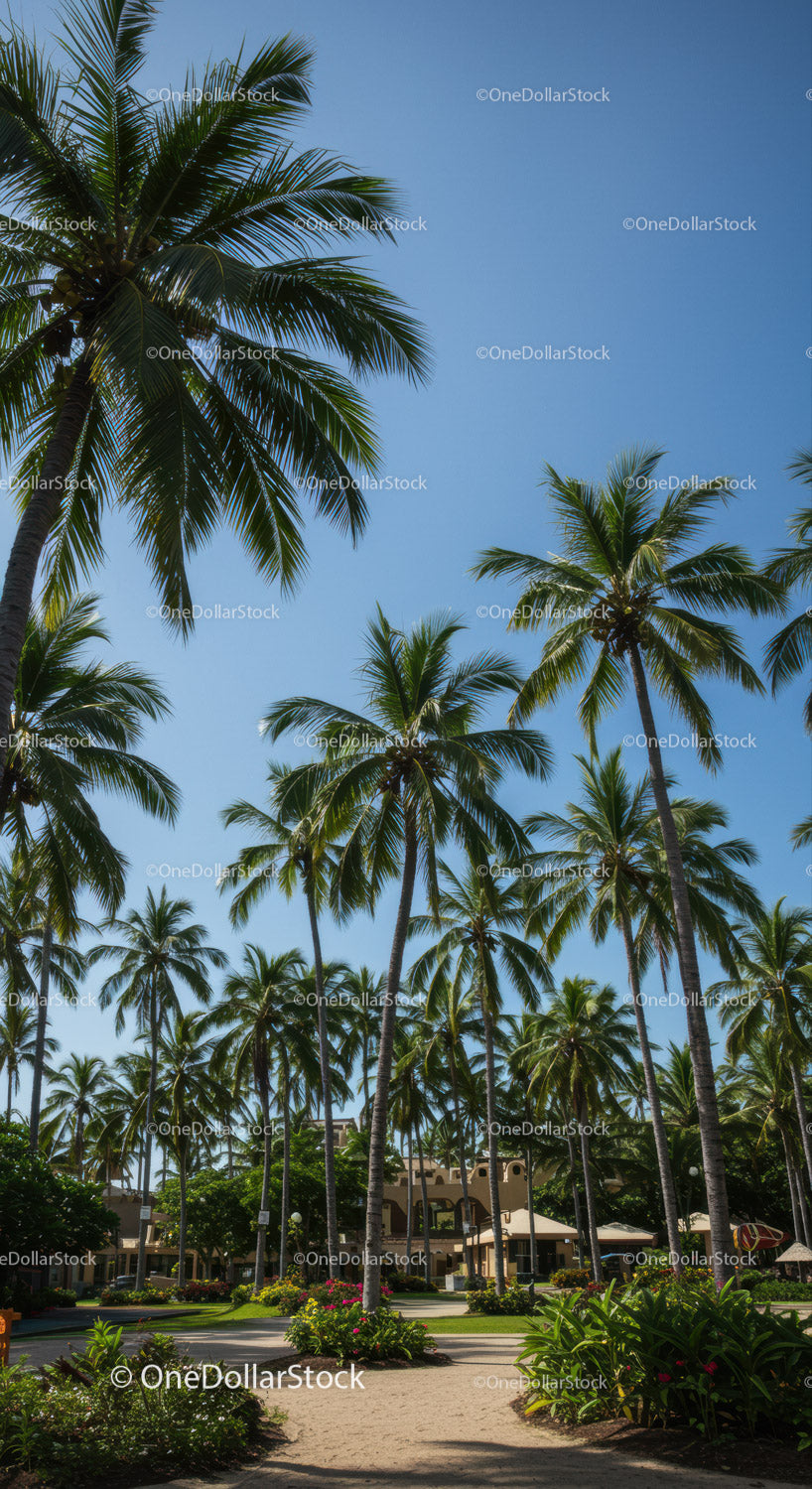 Tropical Palm Trees in a Luxurious Resort with Blue Sky