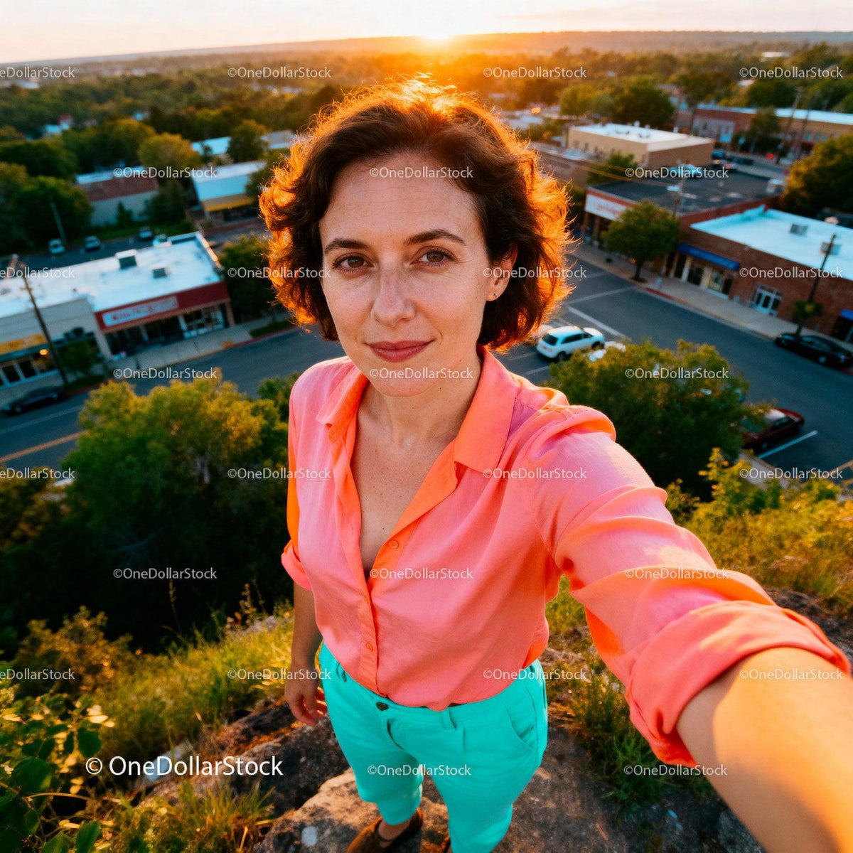 Woman in coral shirt taking selfie at sunset view