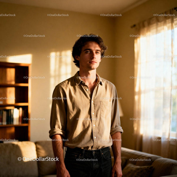Young man standing thoughtfully in warm home light