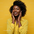 Vibrant Happy Woman with Curly Hair and Bright Smile Against Yellow Background