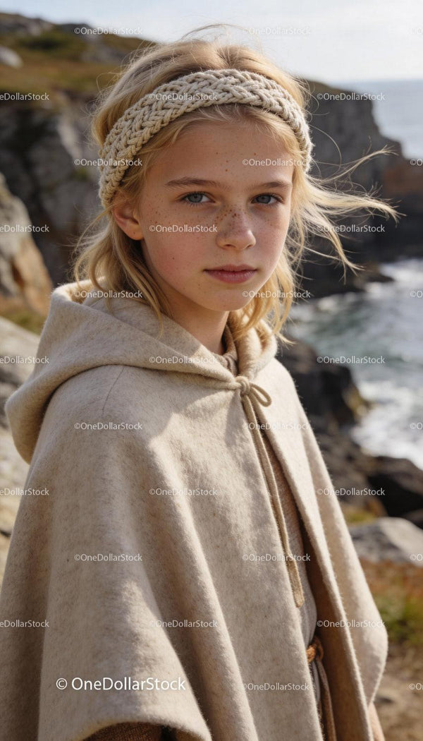 Young girl with knitted headband by the rocky coast