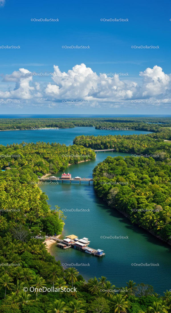 Scenic River in Tropical Jungle with Lush Greenery and Boats