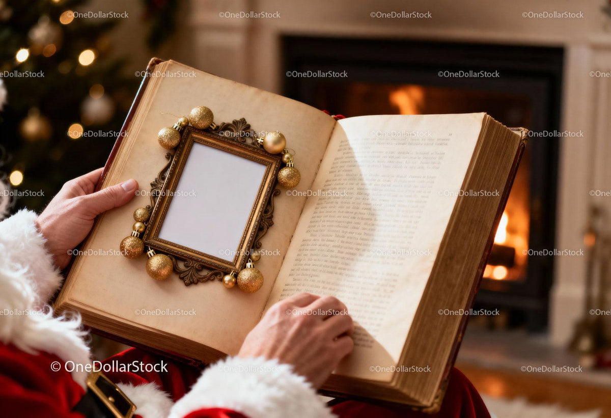 Santa Claus Reading Vintage Book by Cozy Fireplace