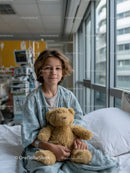 Child with Teddy Bear in Hospital Room Receiving Care Amid Bright Setting