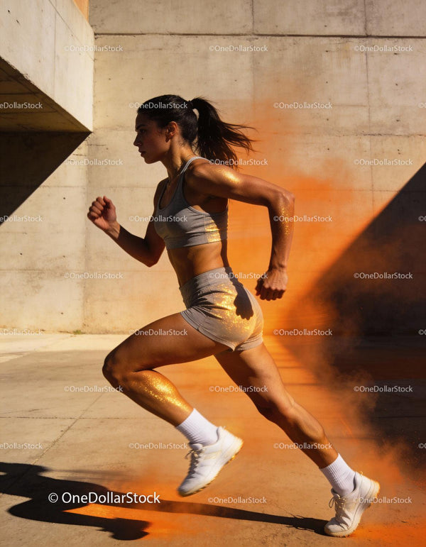 Athletic woman sprinting with vibrant orange powder trail