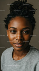 Young woman with natural curly hair smiling softly