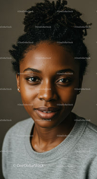 Young woman with natural curly hair smiling softly
