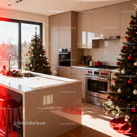Modern kitchen decorated with festive Christmas trees
