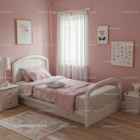 Cozy Pink Children's Bedroom with Pastel Decor and Floral Art