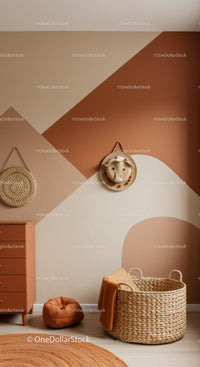 Warm and Stylish Boho Nursery Wall Decor with Woven Basket and Plush Toy
