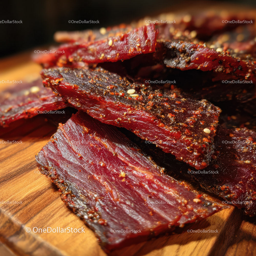 Close-Up of Spicy Dried Beef Jerky Slices with Crispy Texture