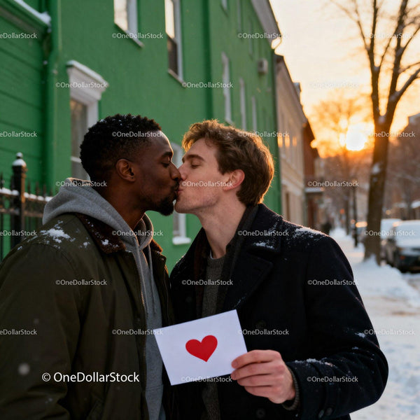 Couple Sharing a Tender Kiss Holding Heart Card Outdoors