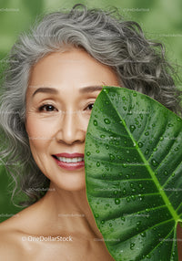 Elegant Elderly Woman with Gray Hair and Tropical Leaf in Natural Setting