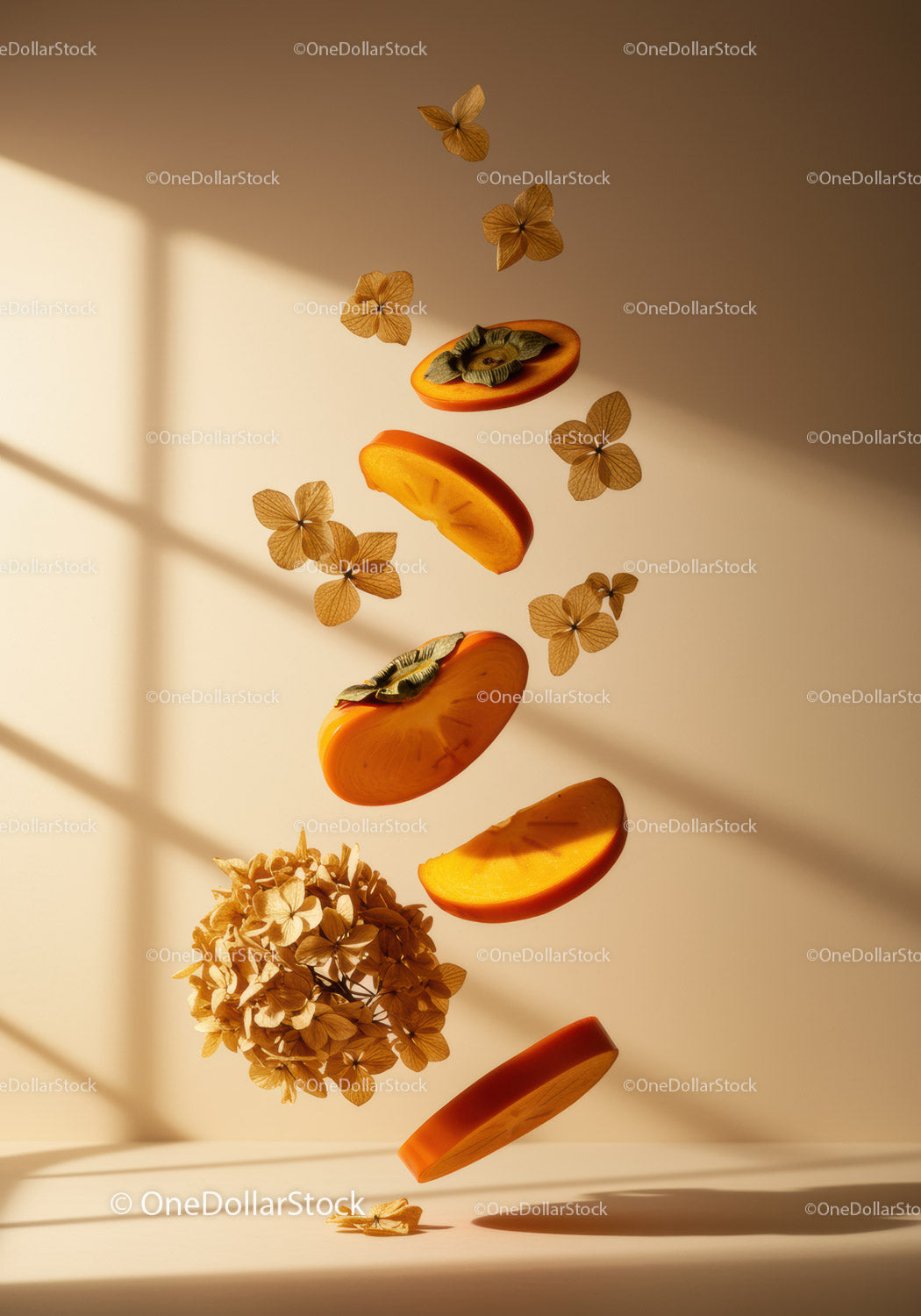 Floating Persimmon Slices with Dried Hydrangea Flowers