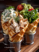 Waffle Cones Filled with Grilled Chicken Salad and Fresh Vegetables