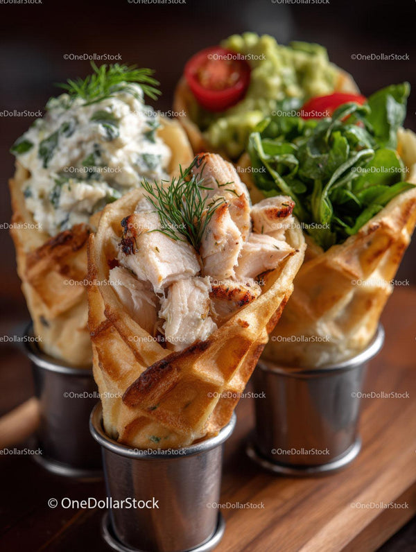 Waffle Cones Filled with Grilled Chicken Salad and Fresh Vegetables