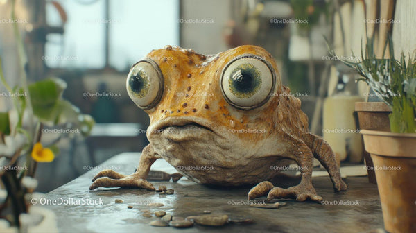 Wide-Eyed Frog on Wooden Table with Potted Plants