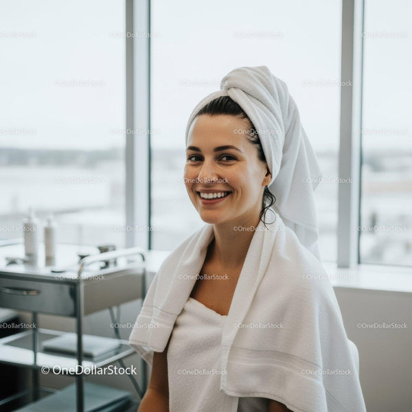Promienna Uśmiechnięta Kobieta z Turbanem z Ręcznika w Centrum Relaksu Spa