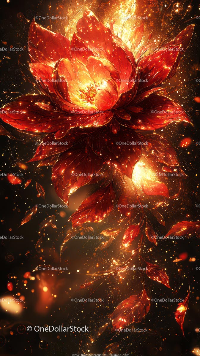 Glowing Fiery Lotus Flower with Sparkling Petals and Magic Light