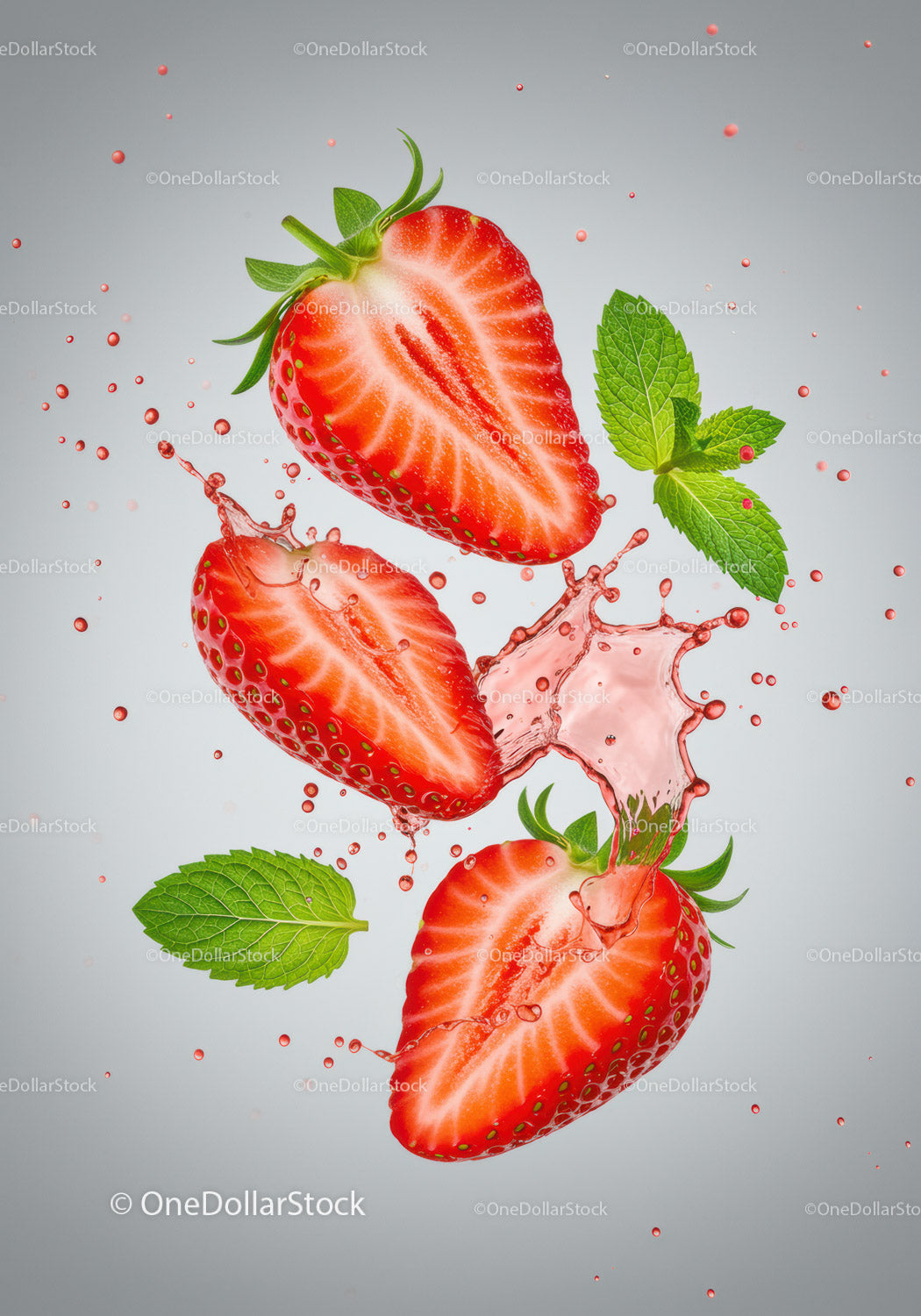 Fresh strawberries with mint leaves and splash on gray