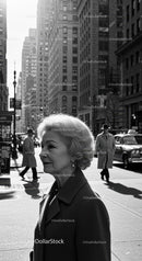 Elderly Woman Walking in Urban City Street in Black and White