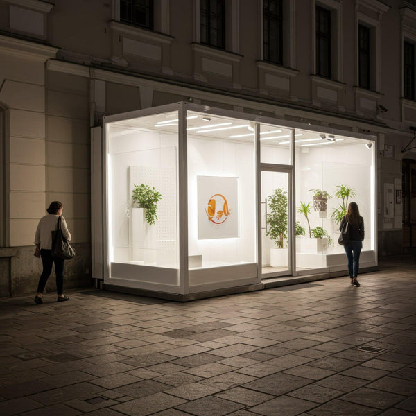 Night view of modern illuminated urban storefront with greenery JPG Mockup Image