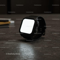 Modern black smartwatch resting on textured surface JPG Mockup Image preview
