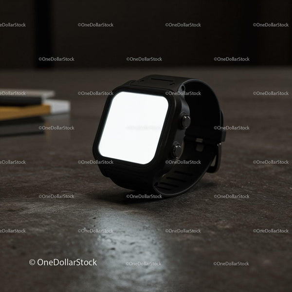 Modern black smartwatch resting on textured surface JPG Mockup Image